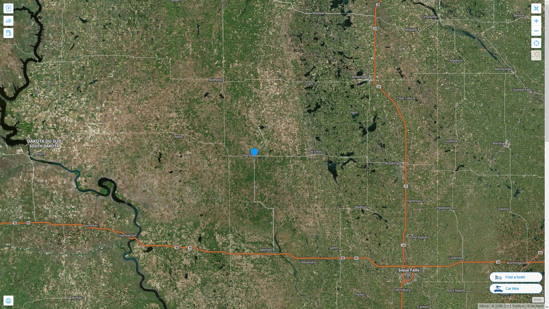 Huron South Dakota Highway and Road Map with Satellite View